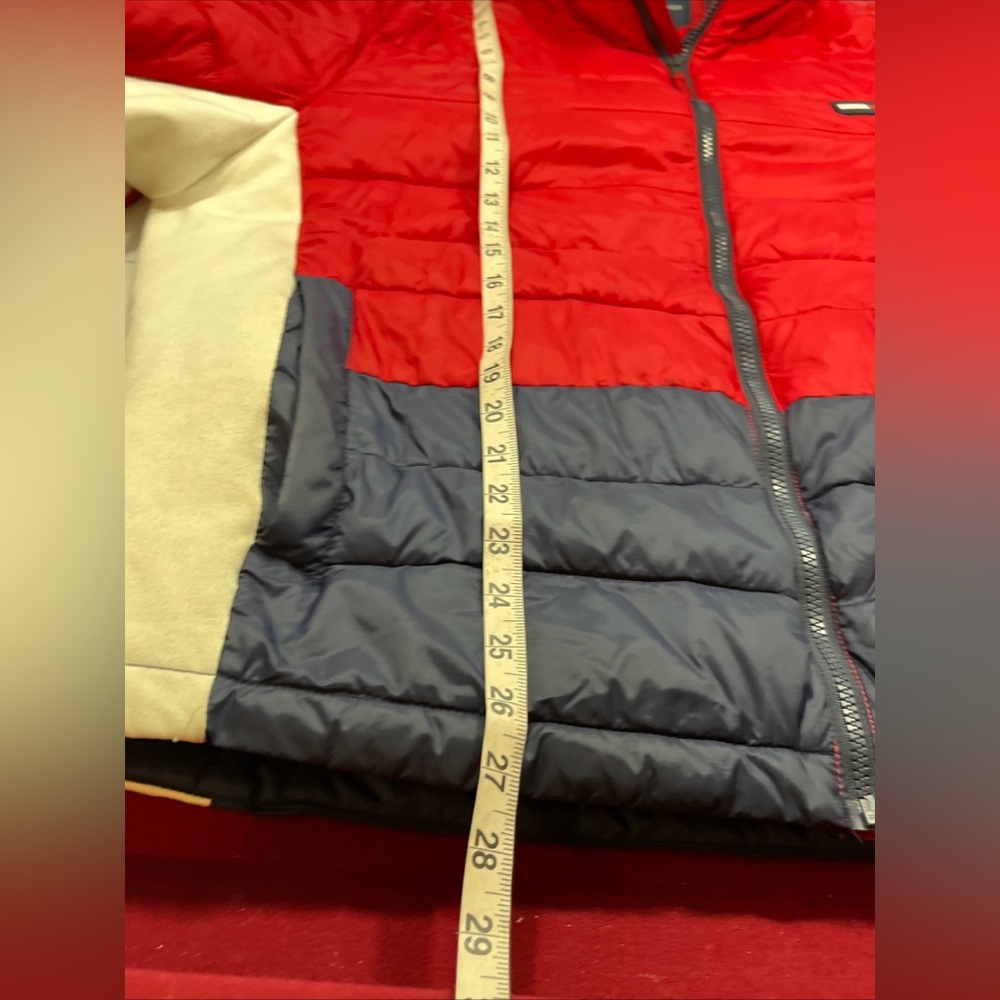 90s TOMMY HILFIGER JACKET Primaloft Red Blue WHITE Quilted Hooded Puffer coat 2X - Picture 6 of 16